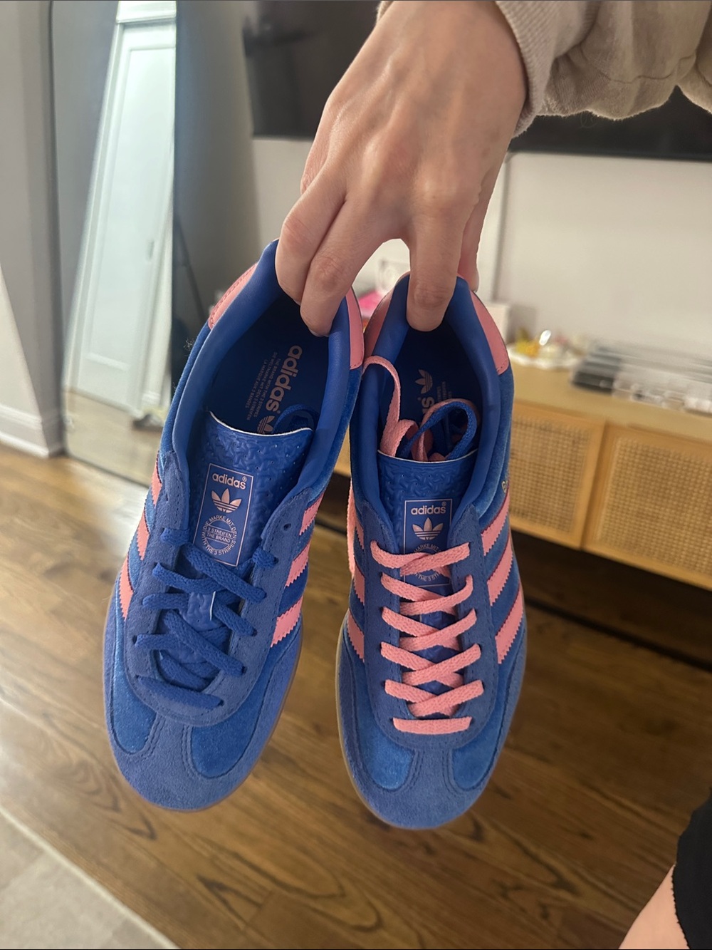 adidas Blue Suede Sneakers with Pink Stripes